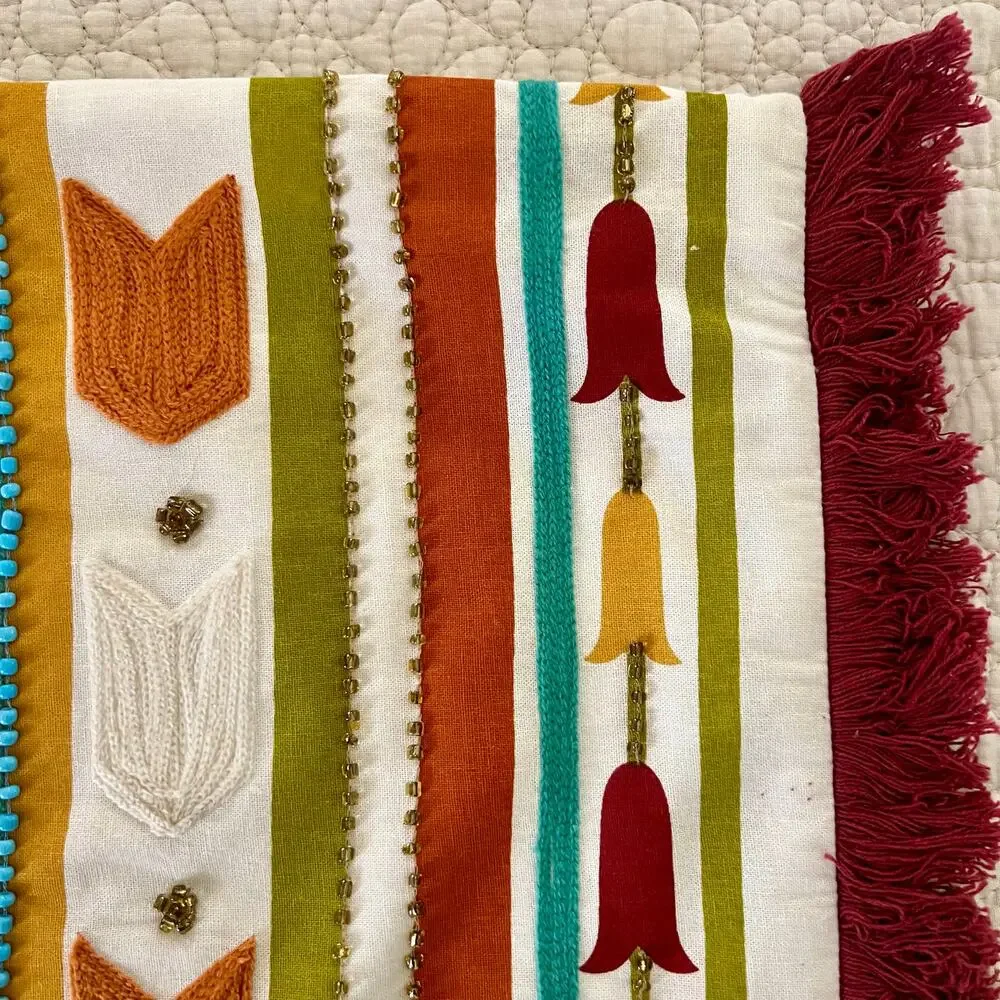 Southwestern Western Lumbar Pillow Cover 20x14 Embroidered Fringe Beaded Cotton